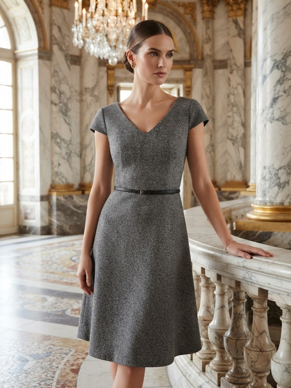 Evan Picone Gray V‑Neck Cap Sleeve A‑Line Dress